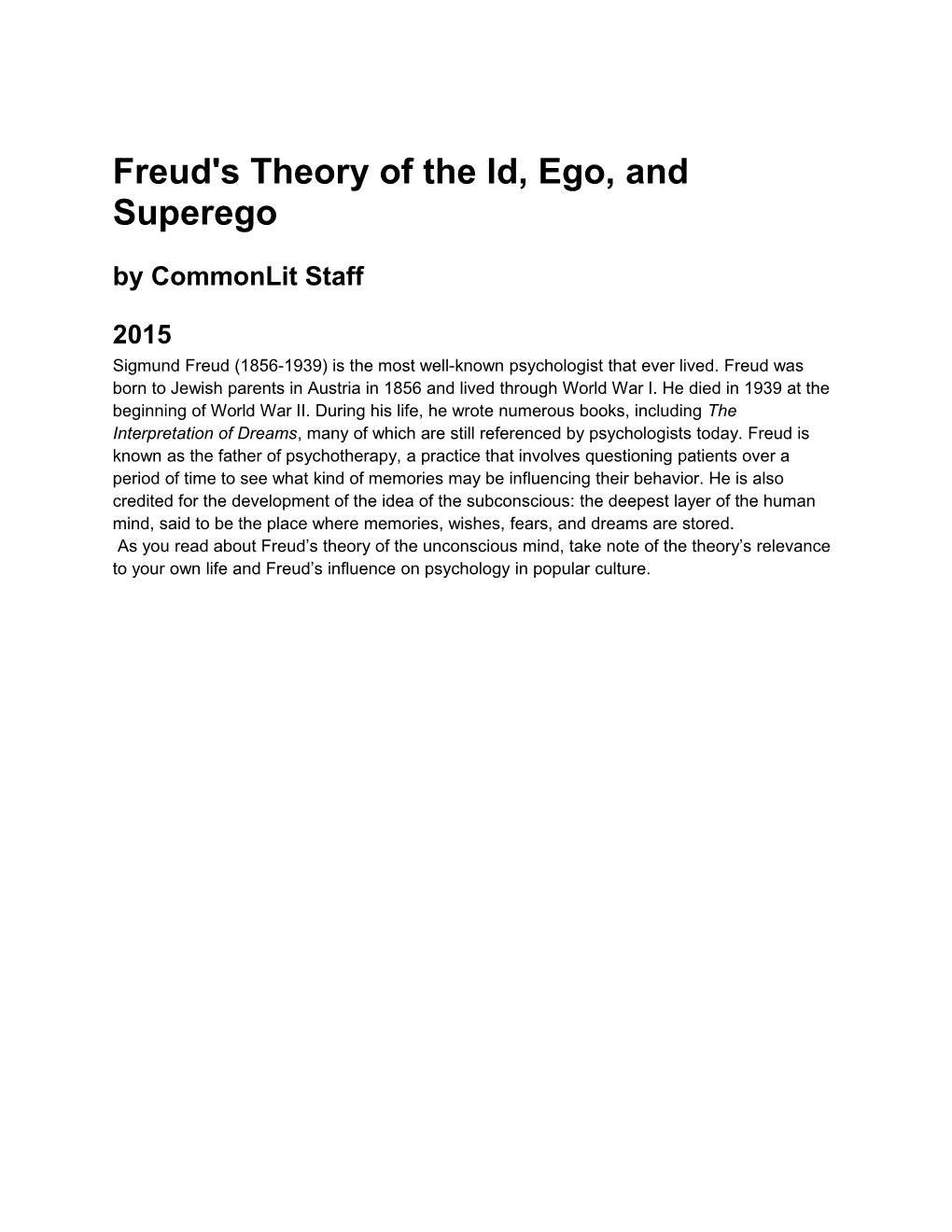 Freud's Theory of the Id, Ego, and Superego