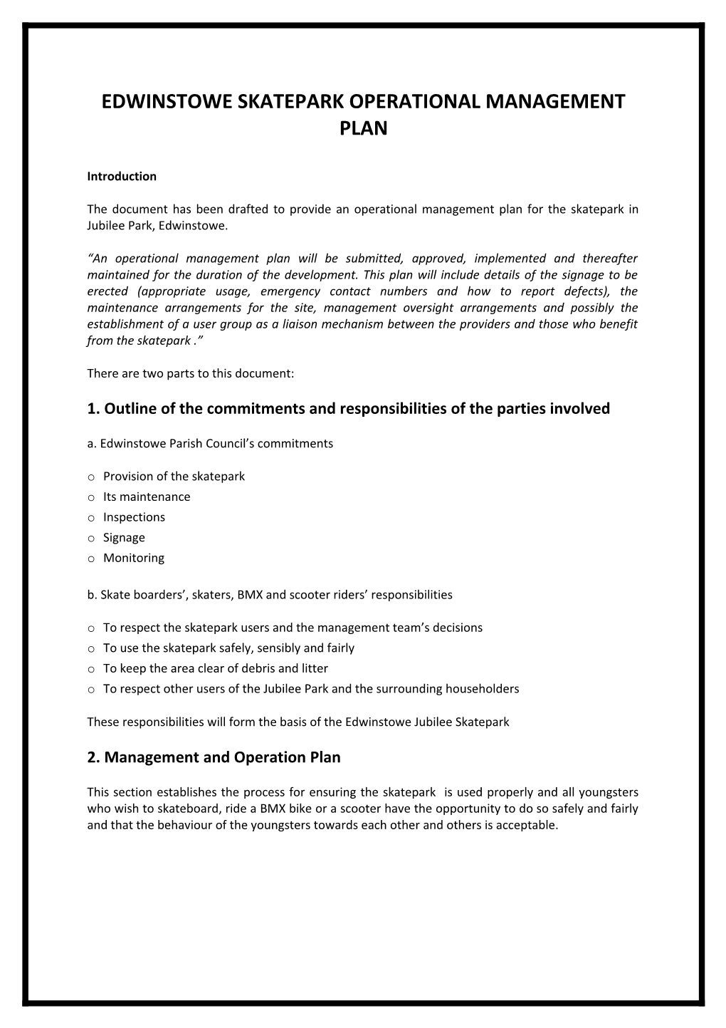 Edwinstowe Skatepark Operational Management Plan