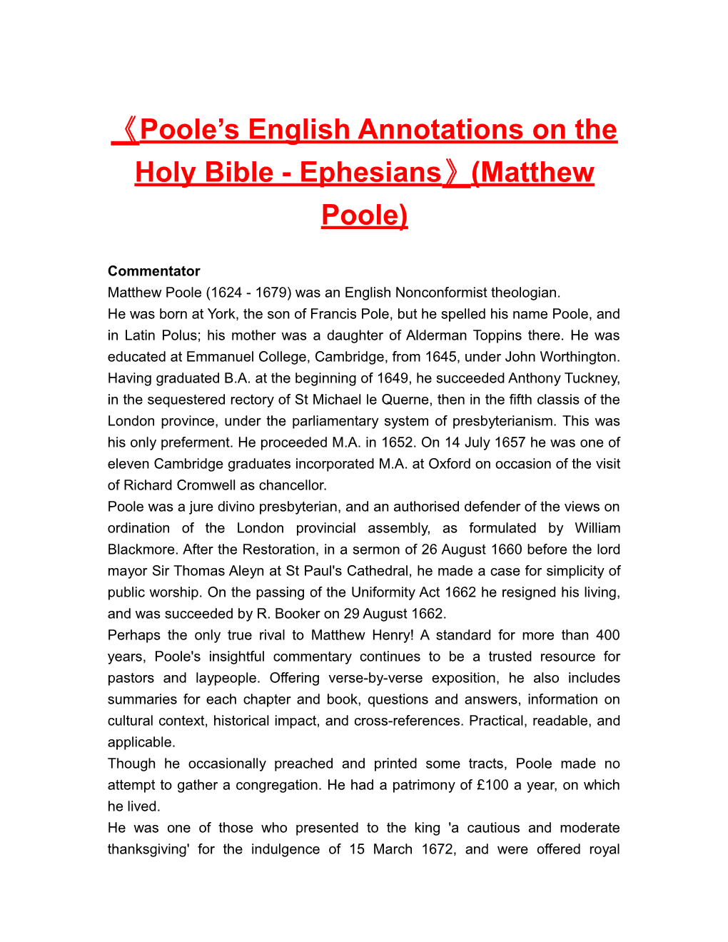 Poole S English Annotations on the Holy Bible - Ephesians (Matthew Poole)