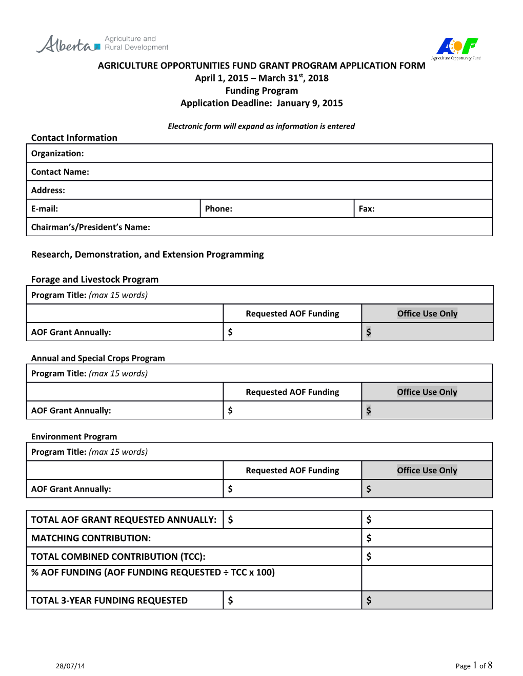 Agriculture Opportunities Fund Grant Program Application Form