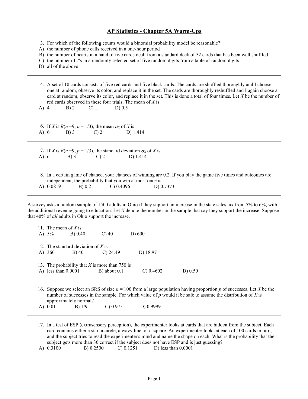 AP Statistics - Chapter 5A Warm-Ups