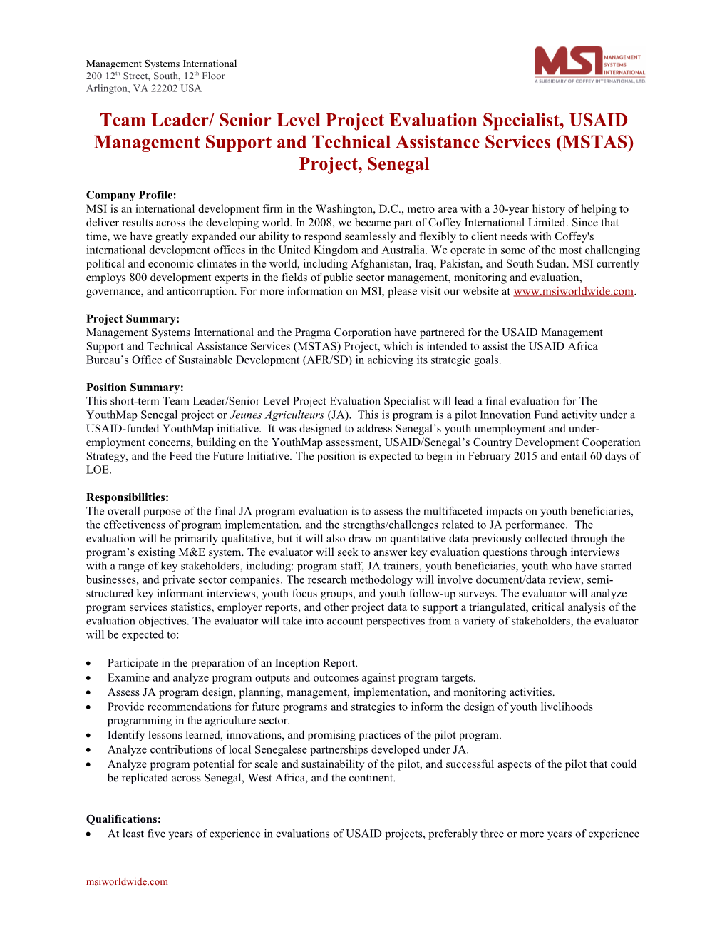 Team Leader/ Senior Level Project Evaluation Specialist, USAID Management Support And