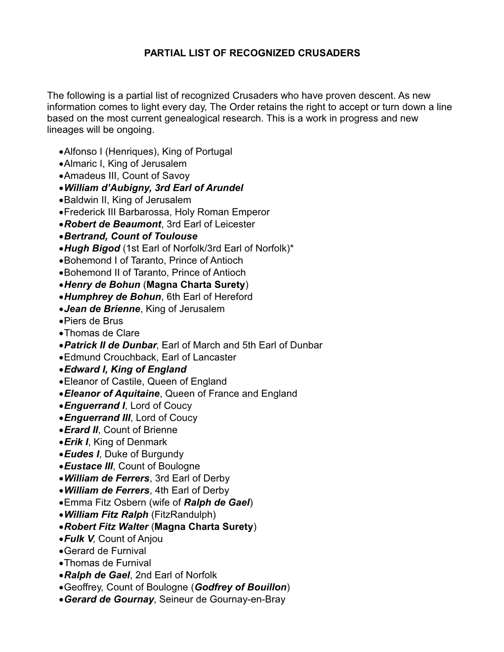 Partial List of Recognized Crusaders