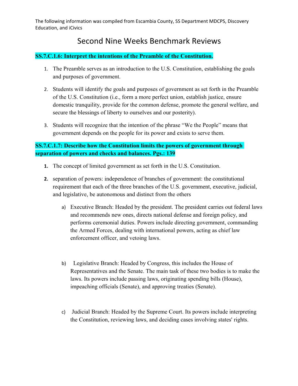 SS.7.C.1.6: Interpret the Intentions of the Preamble of the Constitution