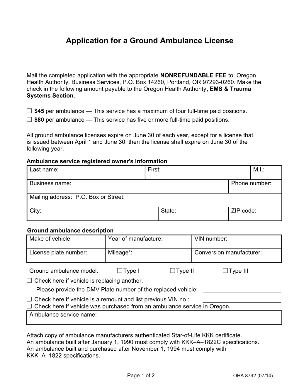 Application for a Ground Ambulance License OHA 8792 12/11