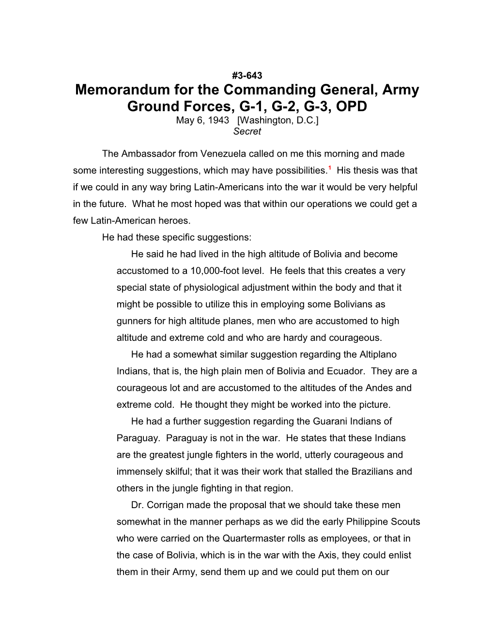Memorandum for the Commanding General, Army Ground Forces, G-1, G-2, G-3, OPD