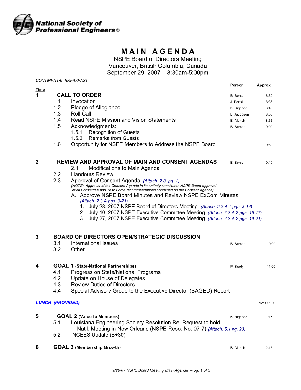 9/29/07 NSPE Board Meeting Main Agenda Pg. 1 of 3