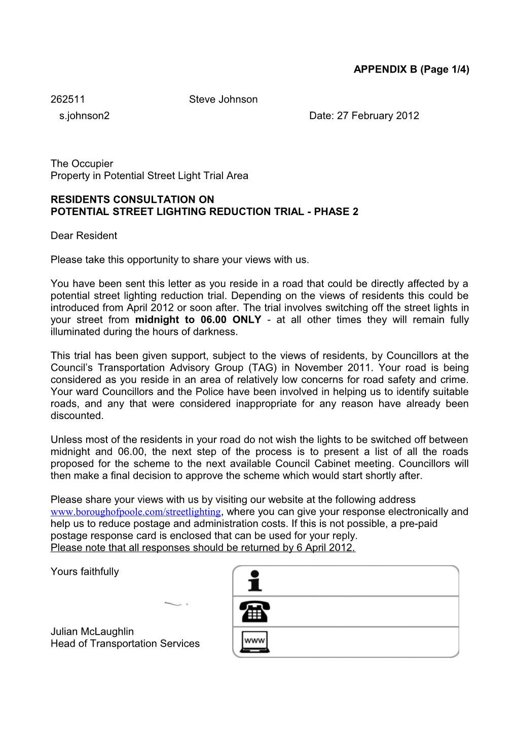 Draft Letter to Residents Directly Affected by Street Lighting Reduction Trial