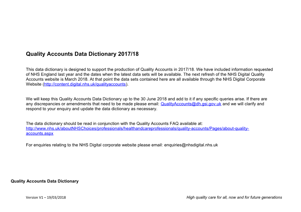 Quality Accounts Data Dictionary 2017/18