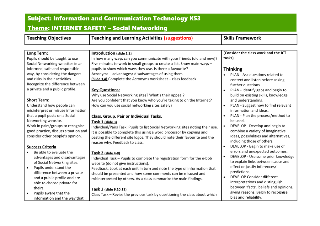 Subject: Information and Communication Technology KS3