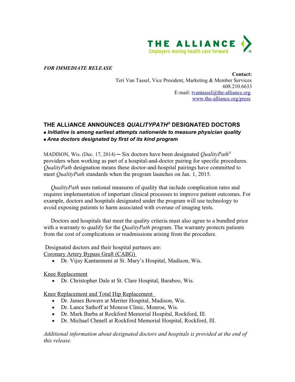 The Alliance Announces Qualitypath Designated Doctors