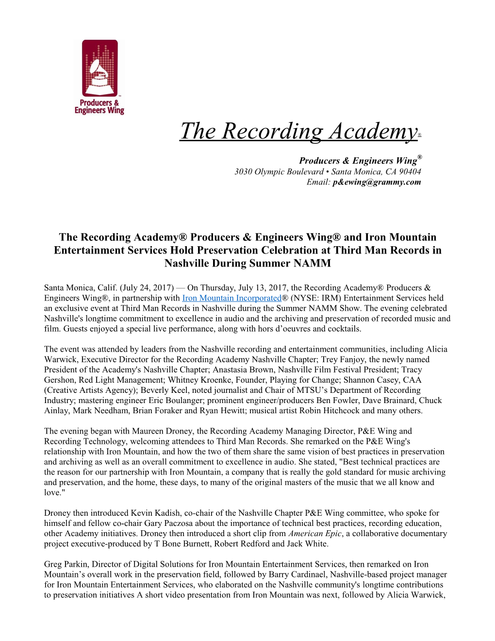 The Recording Academy Producers & Engineers Wing and Iron Mountain Entertainment Services