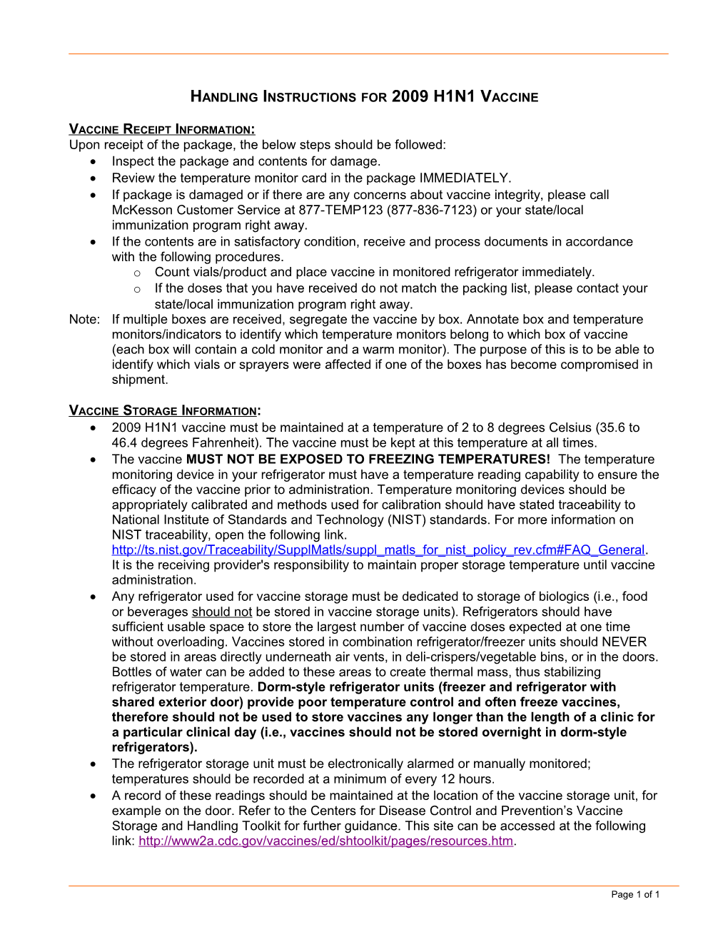 Handling Instructions for 2009 H1N1 Vaccine