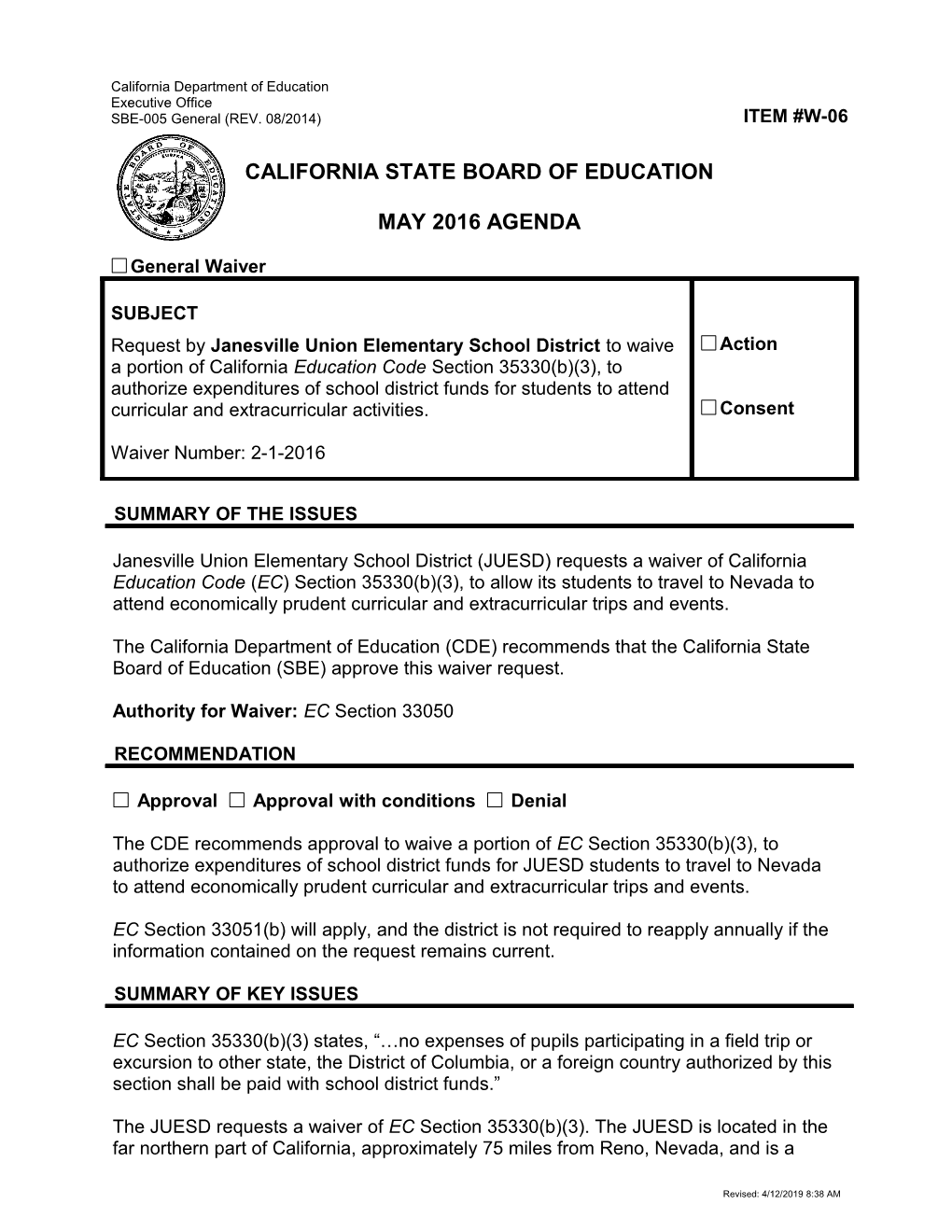 May 2016 Waiver Item W-06 - Meeting Agendas (CA State Board of Education)