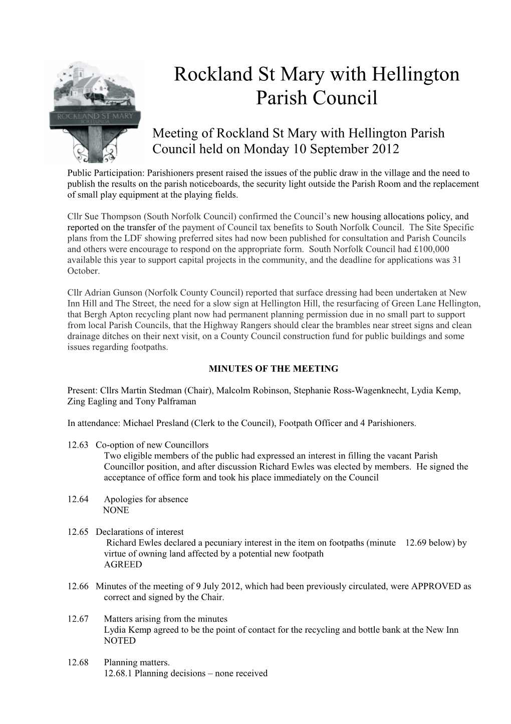 Meeting of Rockland St Mary with Hellington Parish Council Held on Monday 10 September 2012