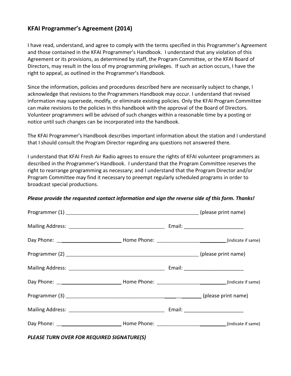 KFAI Fresh Air Radio S Programmer S Acknowledgement Form