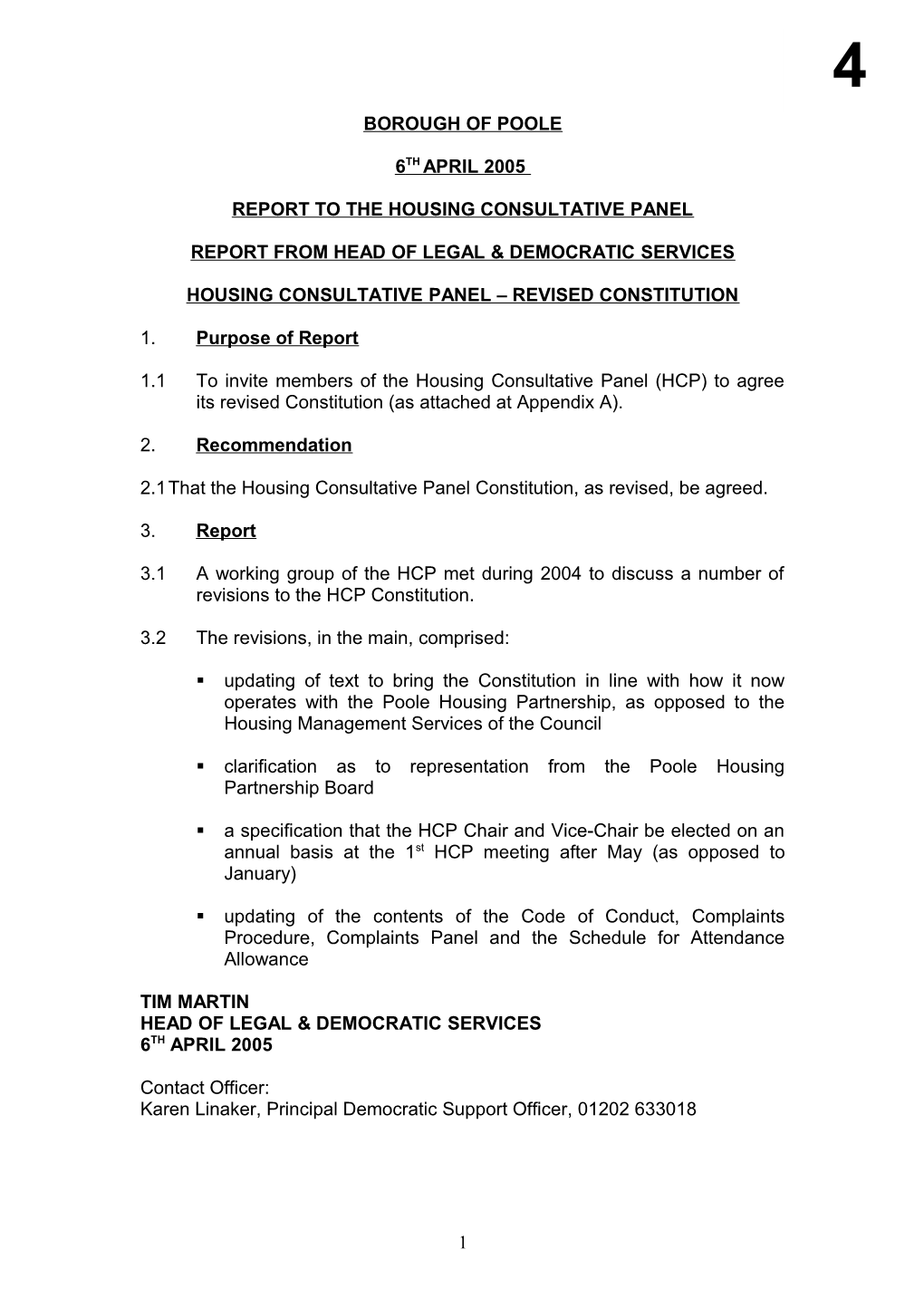 Report to the Housing Consultative Panel