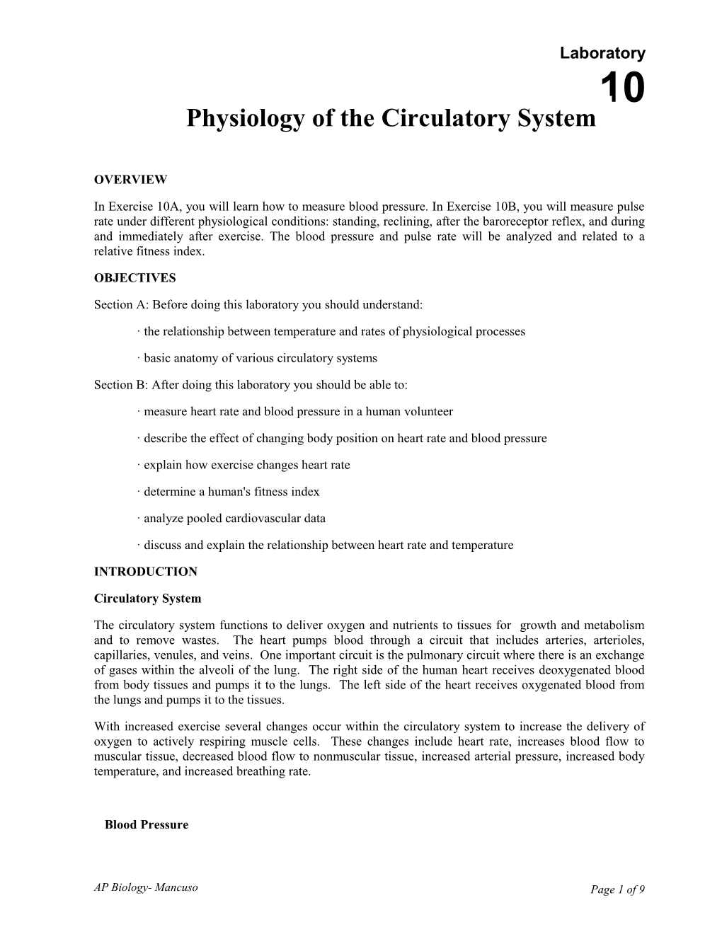 Lab 10: Physiology of the Circulatory System