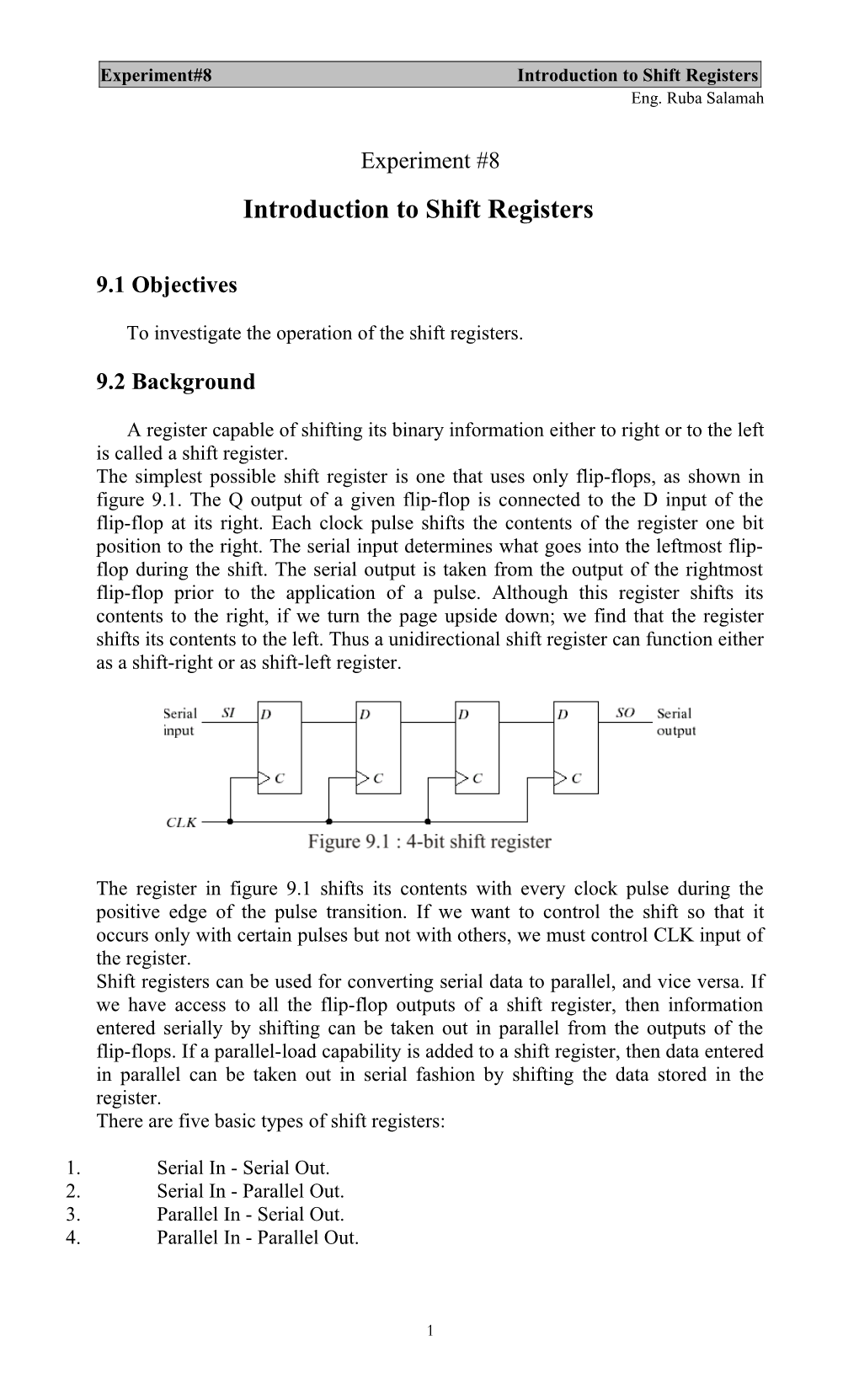 Experiment#8 Introduction to Shift Registers