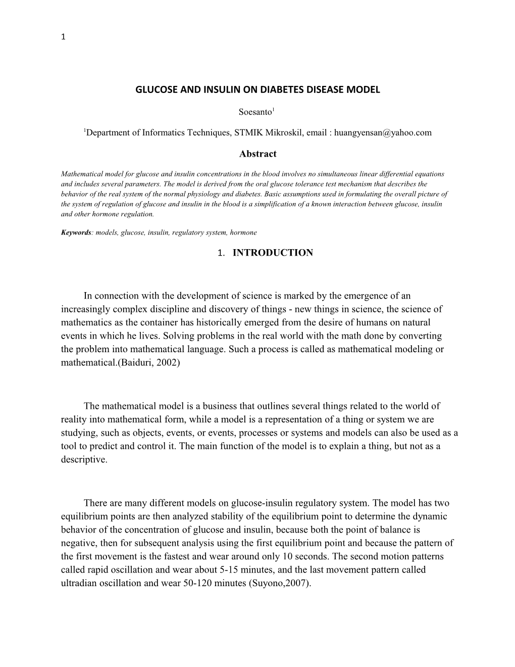 Glucose and Insulin on Diabetes Disease Model