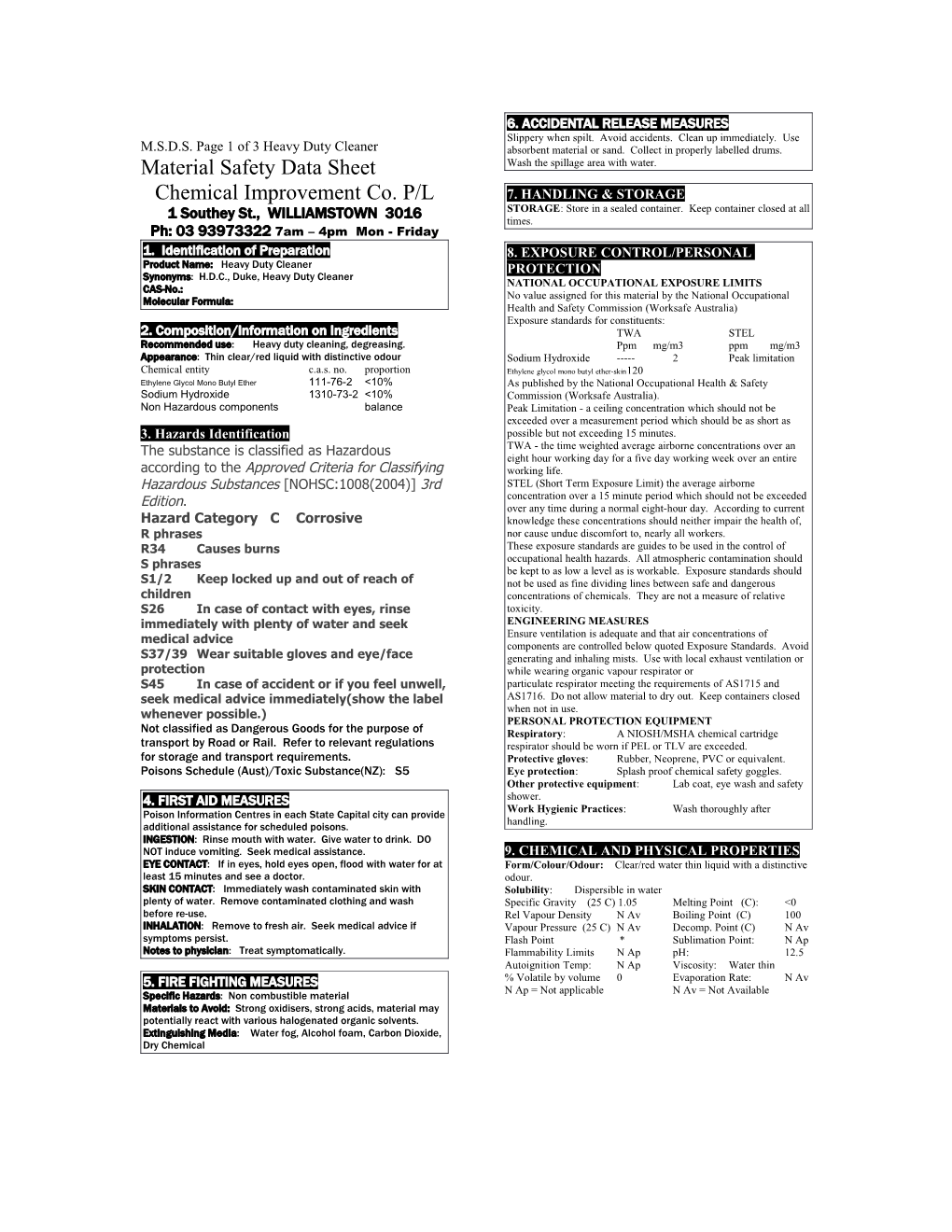 M.S.D.S. Page 1 of 3 Heavy Duty Cleaner