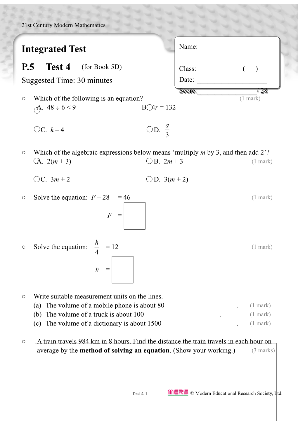 Integrated Test in TSA Format P.5 Test 4