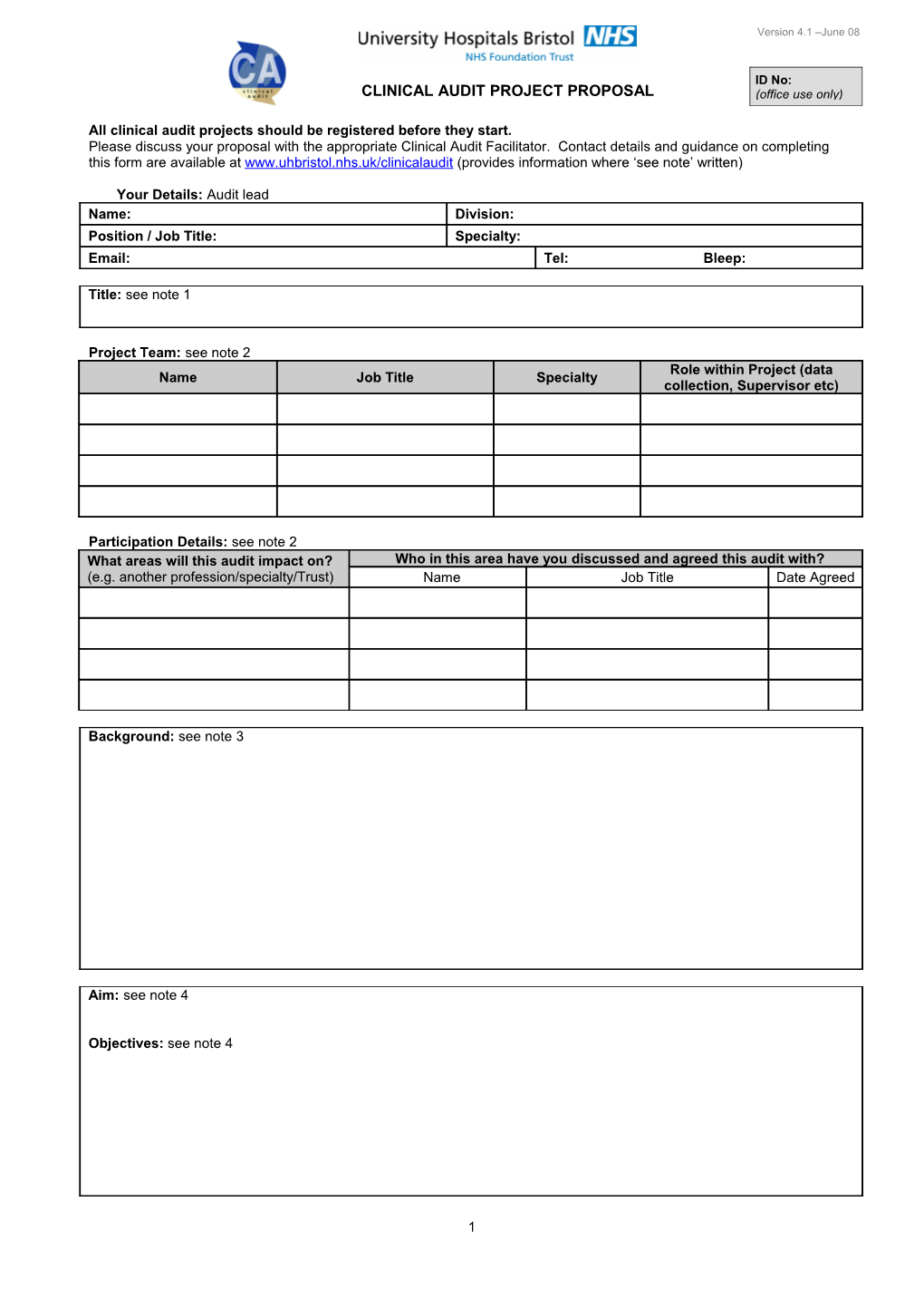 Ubht Clinical Audit Project Registration Form