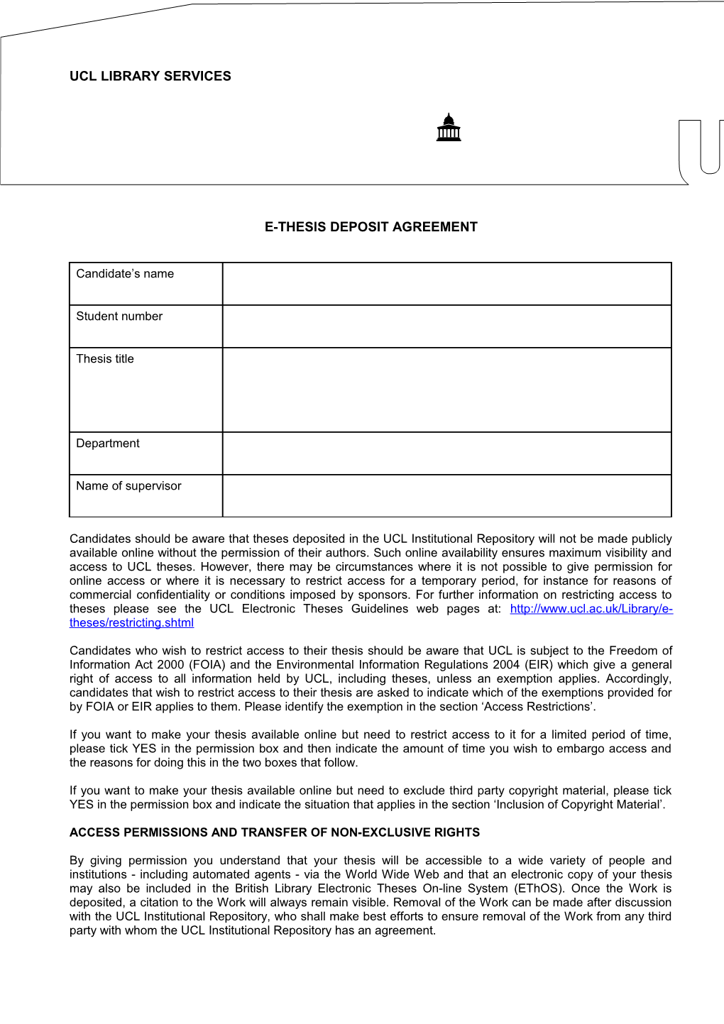 E-Thesis Deposit Agreement