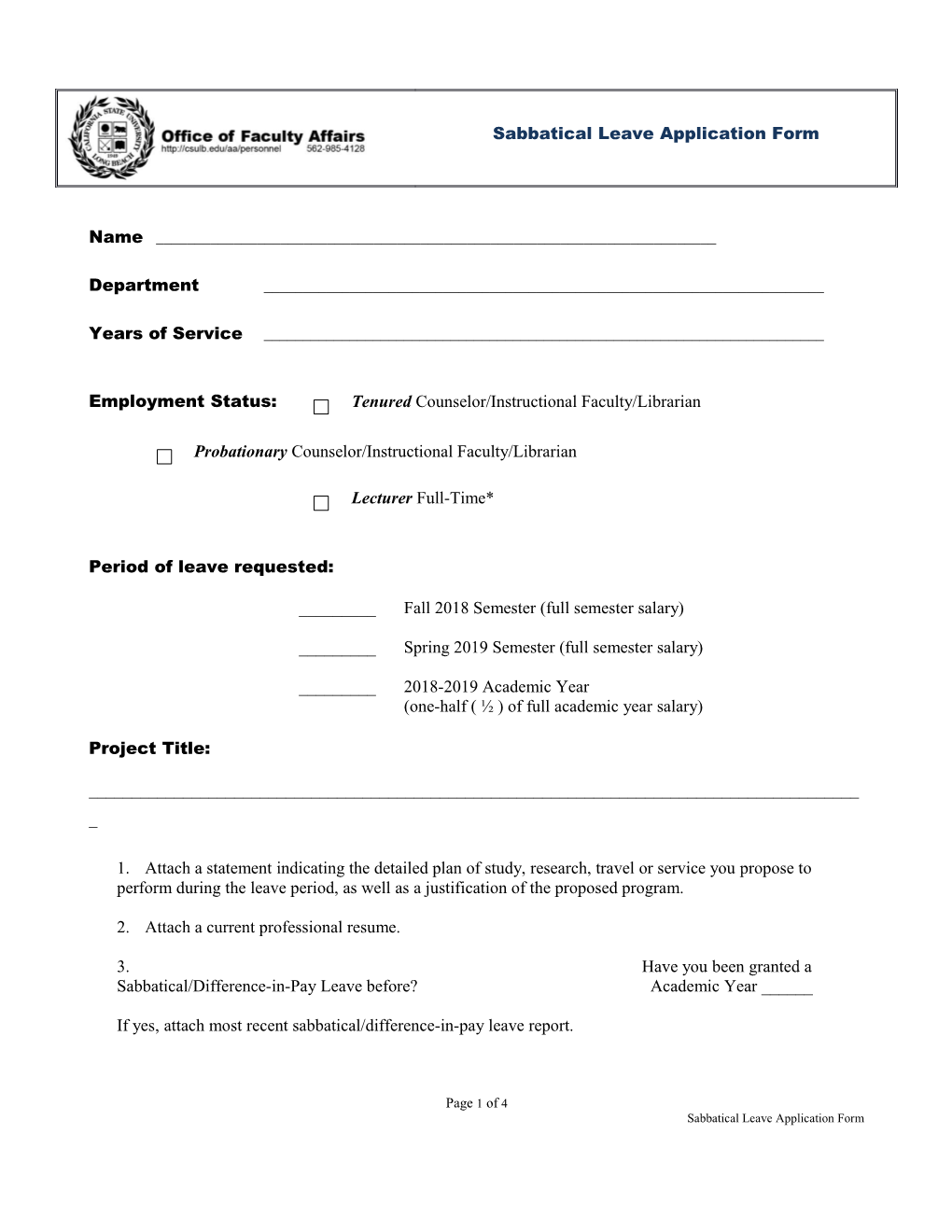 Sabbatical Leave Application Form