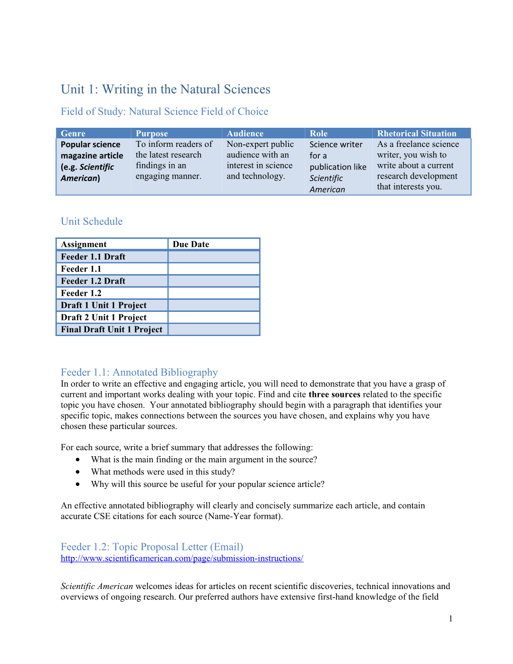 Unit 1: Writing in the Natural Sciences