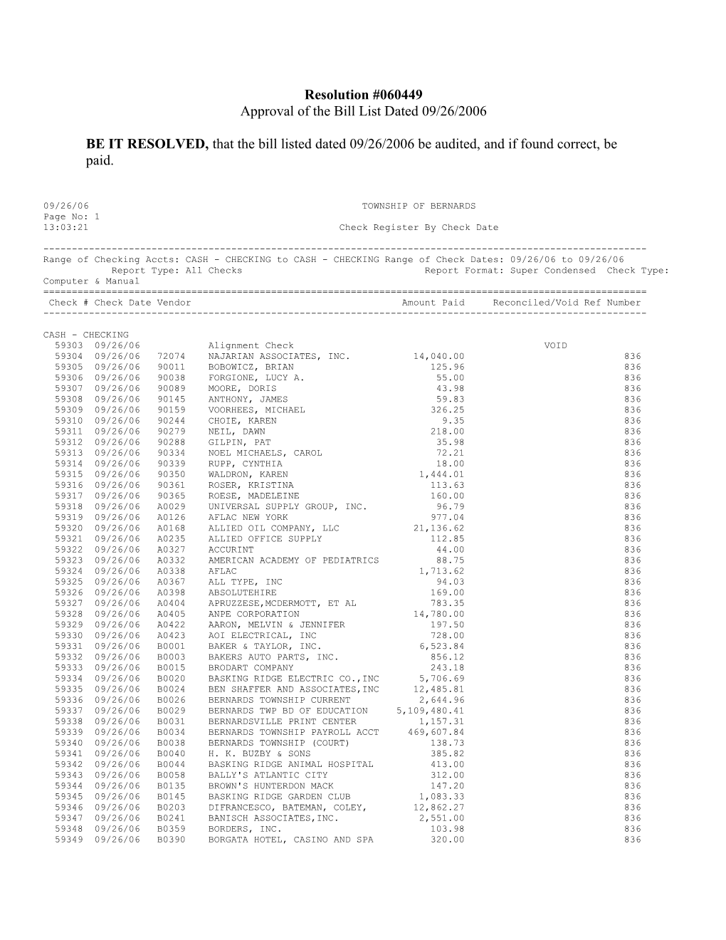 Approval of the Bill List Dated 09/26/2006