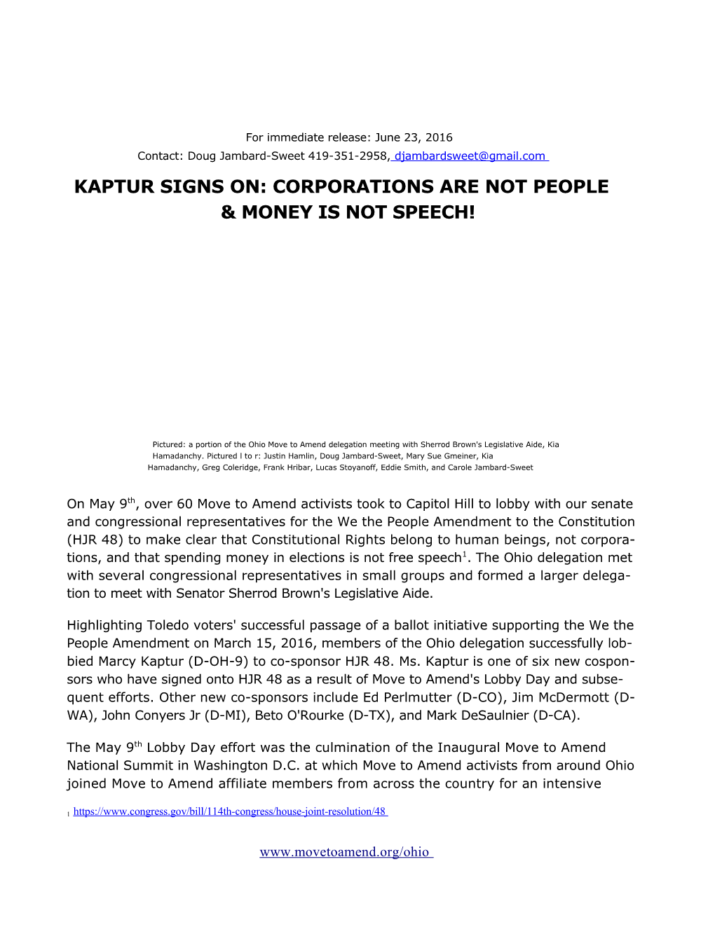 Kaptur Signs On: Corporations Are Not People