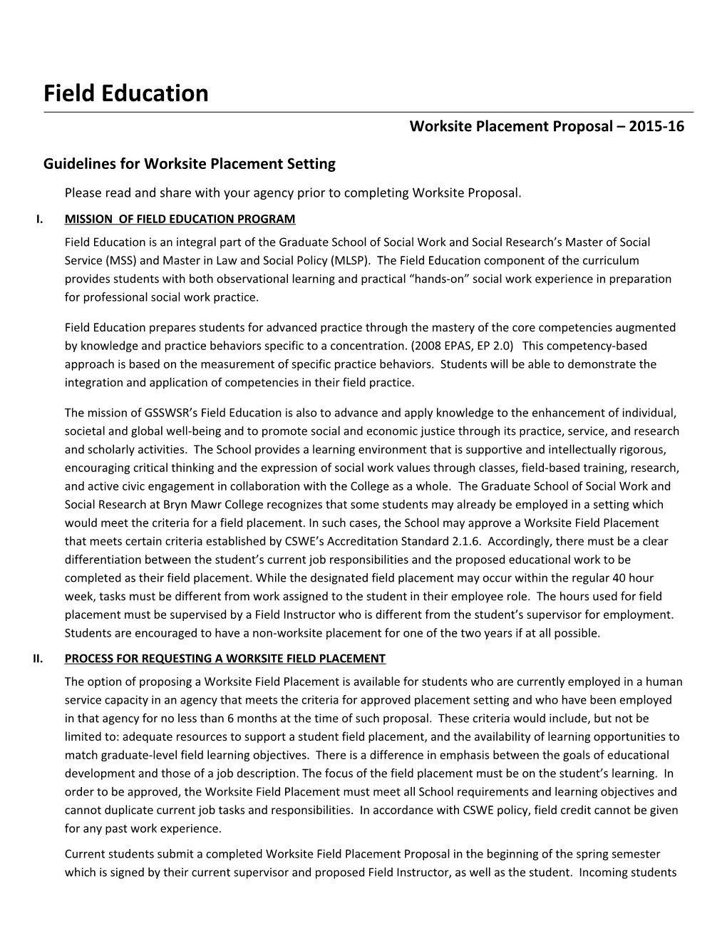 Guidelines for Worksite Placement Setting