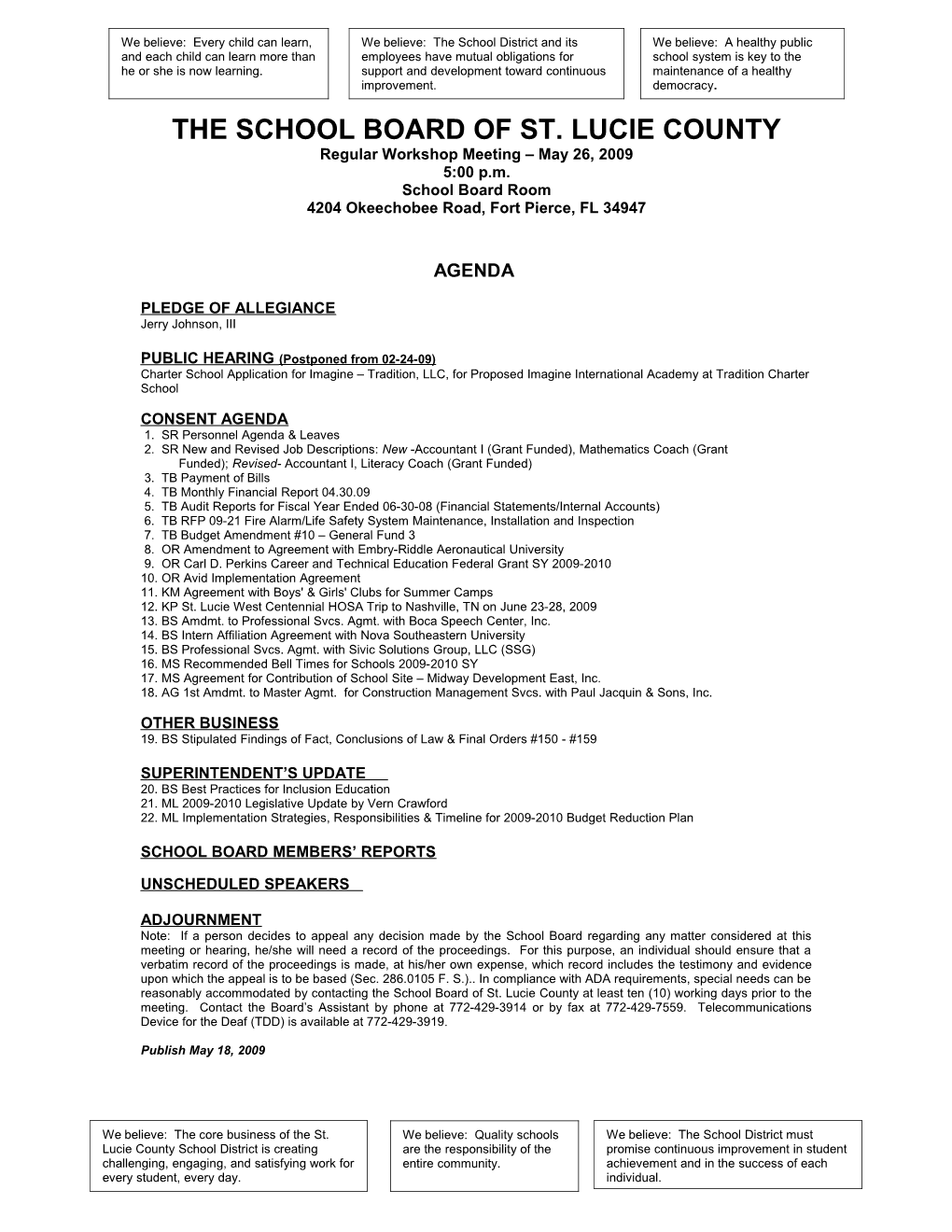 05-26-09 SLCSB Regular Workshop Agenda
