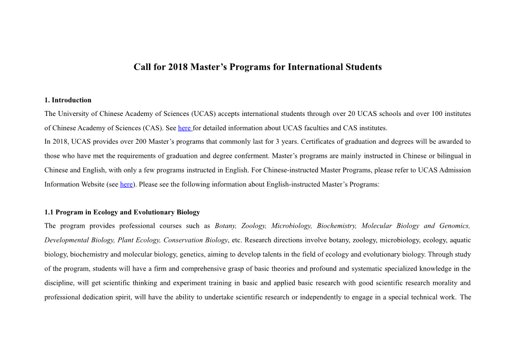 Call for 2018 Master S Programs for International Students