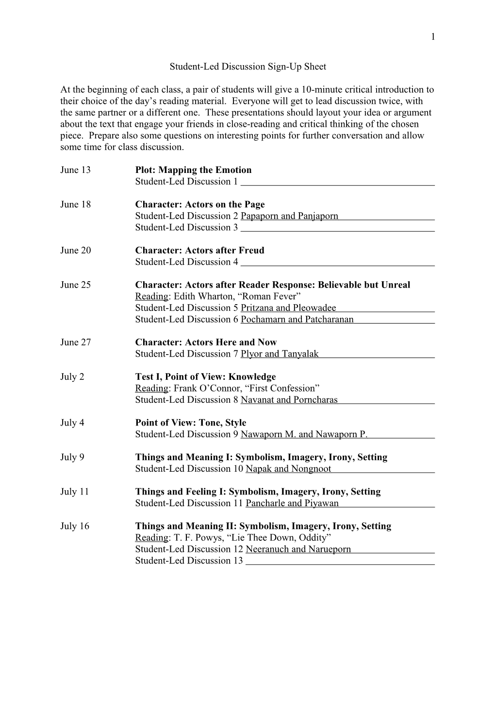 Student-Led Discussion Sign-Up Sheet