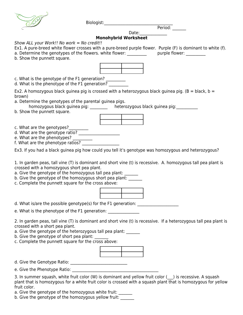 Monohybrid Worksheet