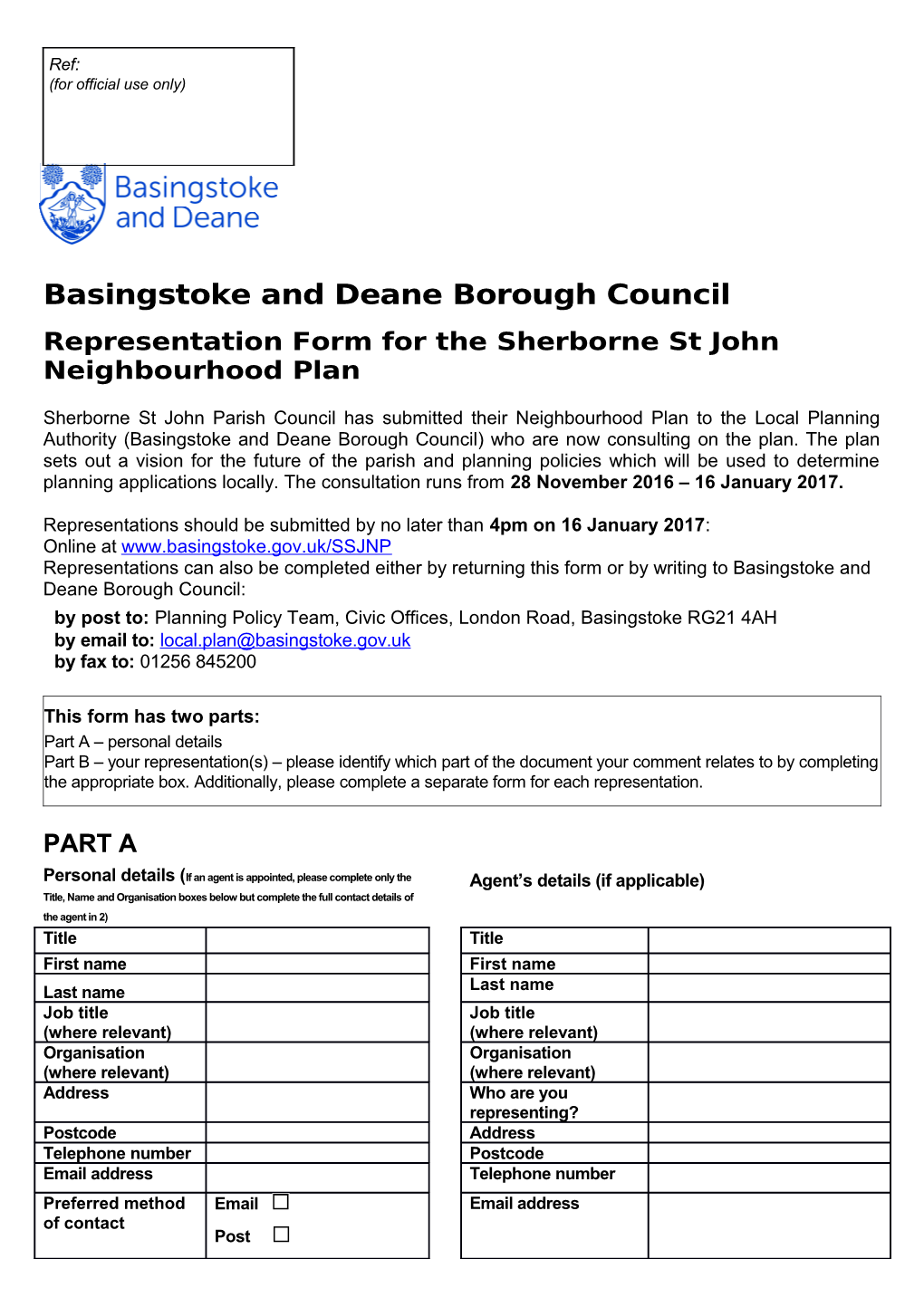 Representation Form for the Sherborne St John Neighbourhood Plan