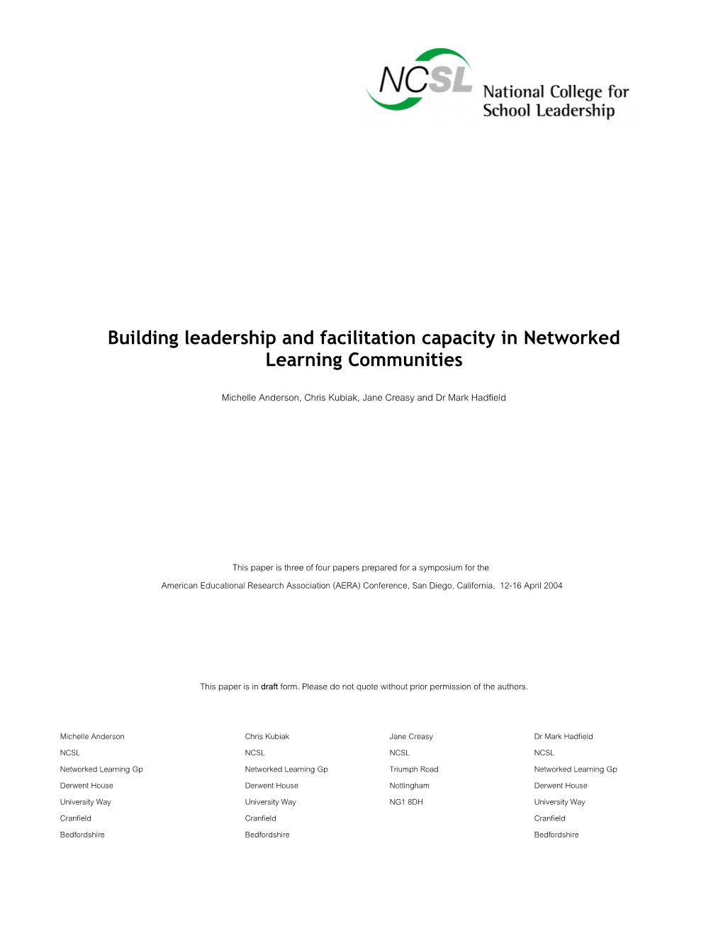 Building Leadership and Facilitation Capacity in Networked Learning Communities