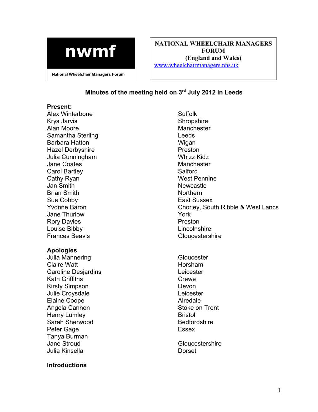 Minutes of the Meeting Held on 3Rd July 2012 Inleeds