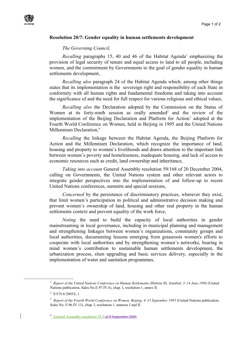 Resolution 20/7: Gender Equality in Human Settlements Development