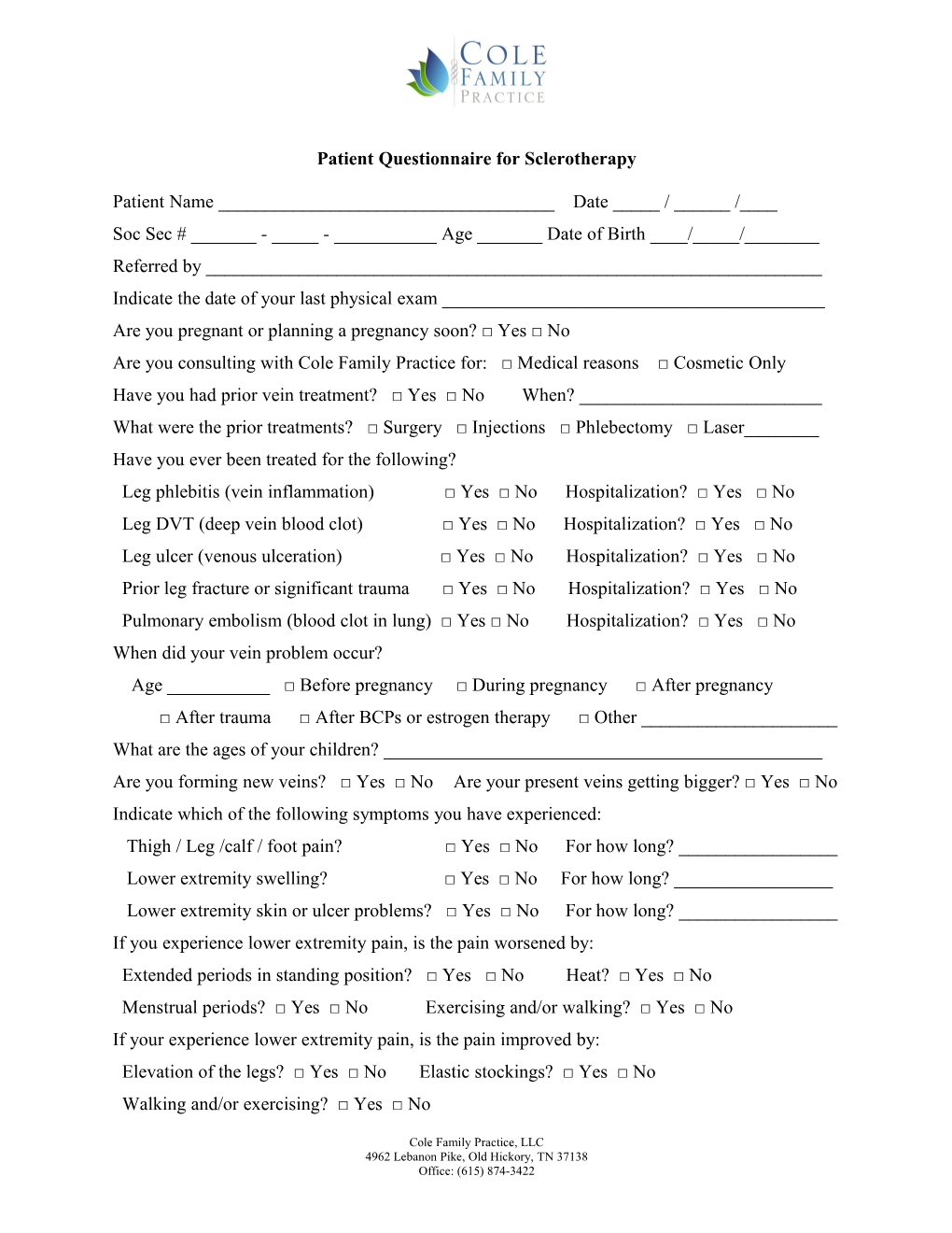 Patient Questionnaire for Sclerotherapy