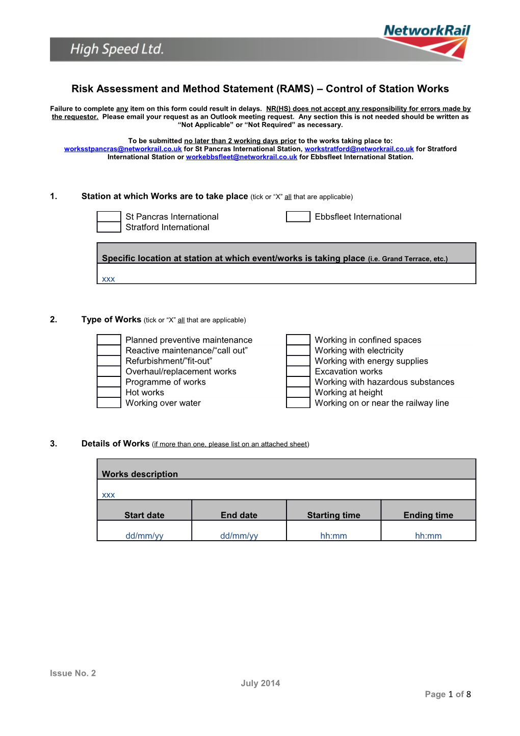 Risk Assessment and Method Statement (RAMS) Control of Station Works