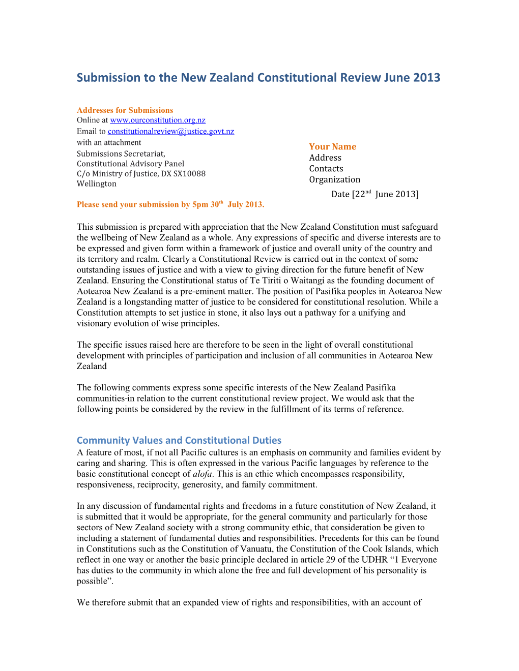 Submission to the New Zealand Constitutional Review June 2013