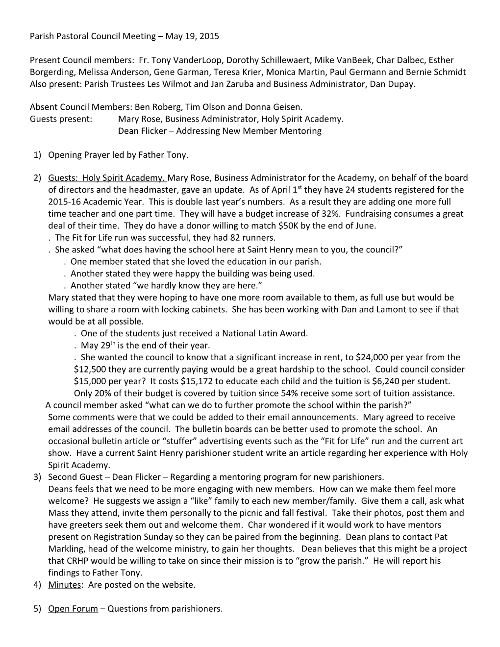 Parish Pastoral Council Meeting May 19, 2015