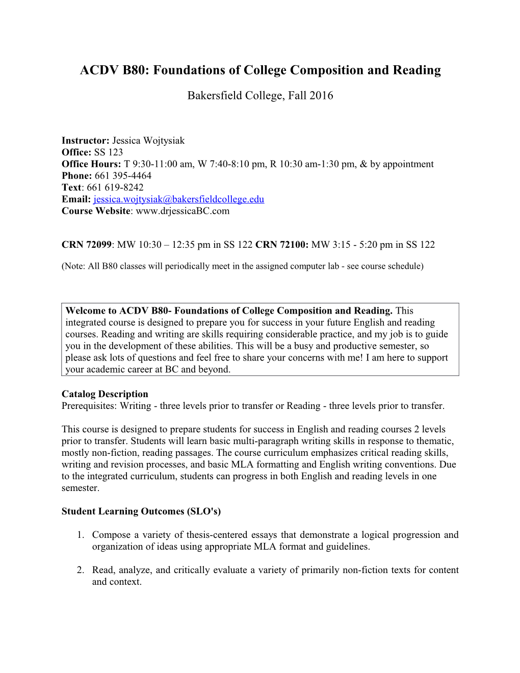 ACDV B80: Foundations of College Composition and Reading