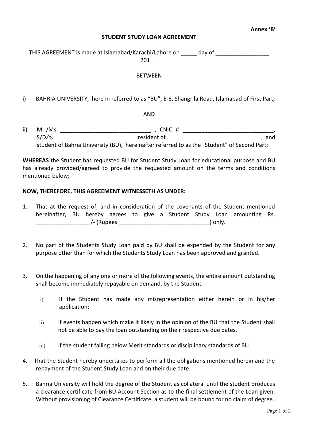 Student Study Loan Agreement