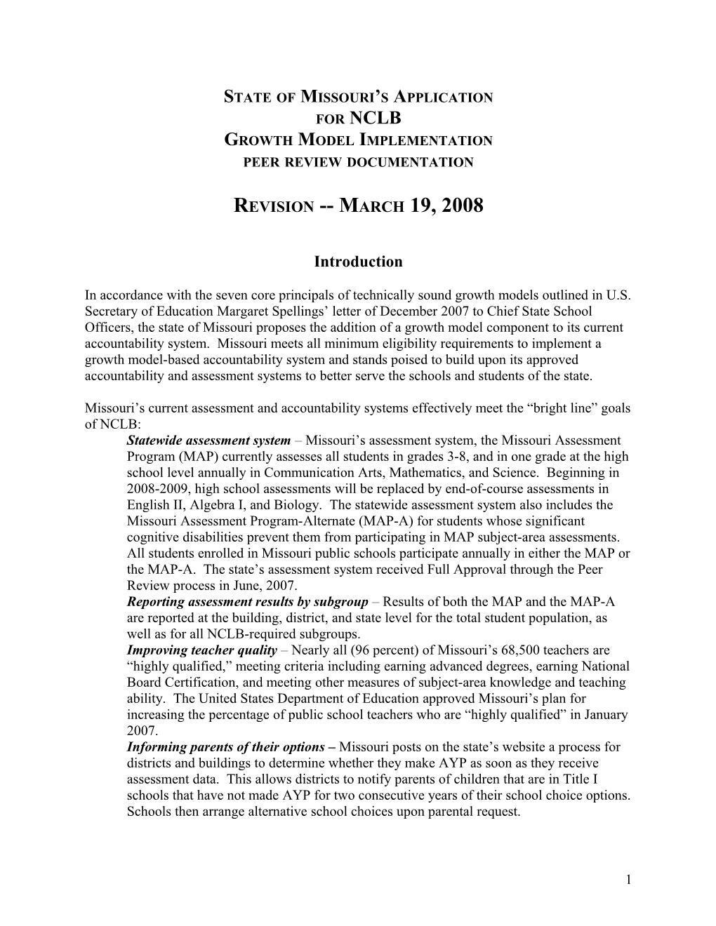 Missouri Growth Model Implementation Peer Review Documentation Revision March 19, 2008 (MS WORD)