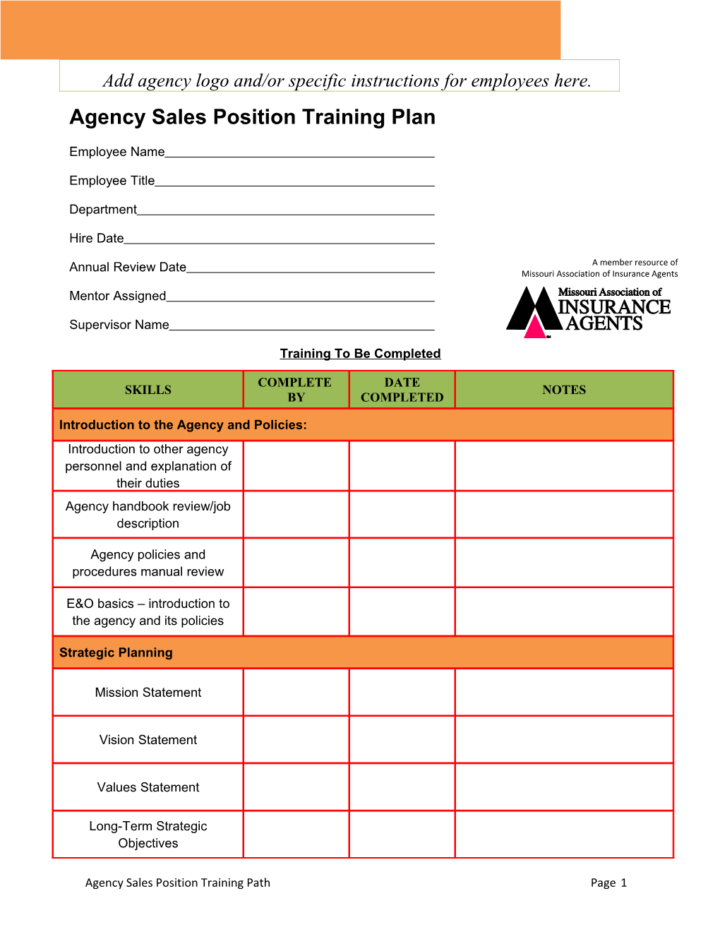 Agency Sales Positiontraining Plan