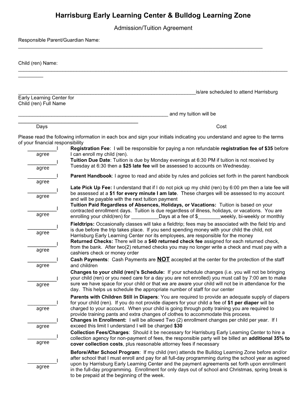 Harrisburg Early Learning Center Tuition / Admission Agreement and Contract